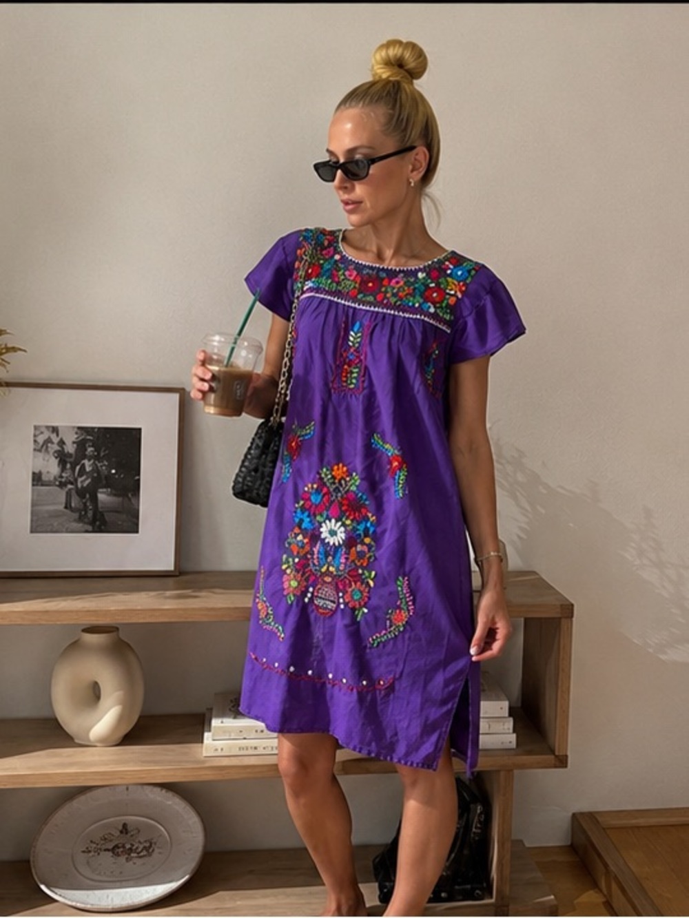 Handmade Mexican Embroidered Purple Huipil Dress | Floral Folk Art Tunic